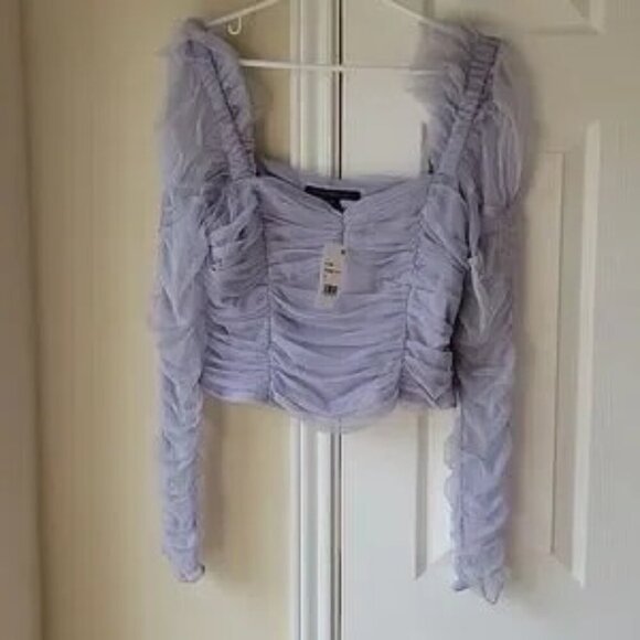 French Connection Lavender Top Edrea Tulle Top Size 12 Ruched Cropped - Picture 7 of 11
